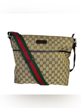 Gucci Monogram Crossbody Bag in Beige with Green and Red Webbing